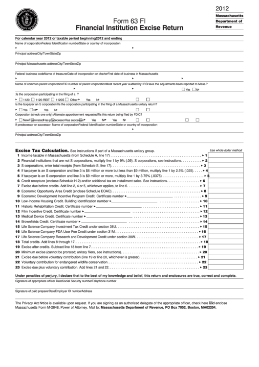 Form 63 Fi - Financial Institution Excise Return - 2012 Printable pdf