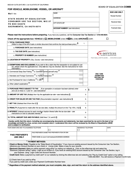 Fillable Form Boe-401-Cuts (S1f) - Combined State And Local Consumer Use Tax Return For Vehicle, Mobilehome, Vessel, Or Aircraft Printable pdf
