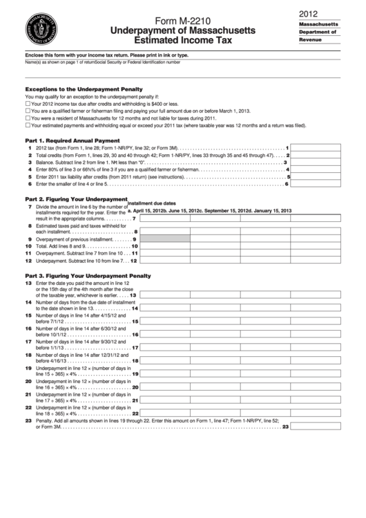 Fillable Form M-2210 - Underpayment Of Massachusetts Estimated Income Tax - 2012 Printable pdf