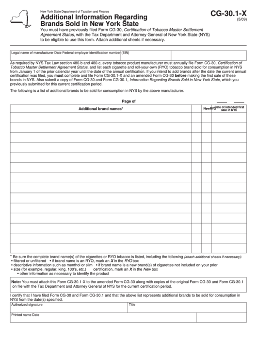 Form Cg-30.1-X - Additional Information Regarding Brands Sold In New York State Printable pdf