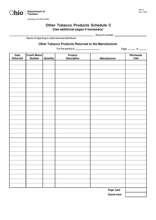Fillable Schedule C (Form Otp 5) - Other Tobacco Products Printable pdf