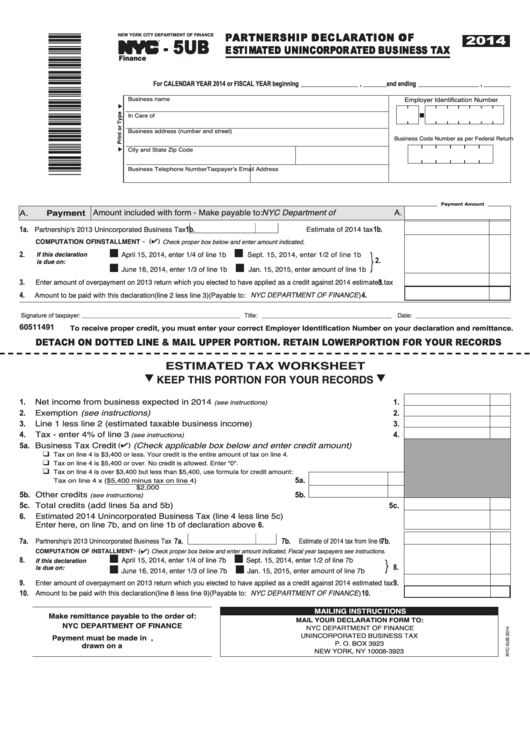 Form Nyc - 5ub - Partnership Declaration Of Estimated Unincorporated Business Tax - 2014 Printable pdf