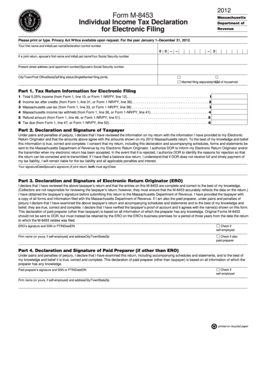 Fillable Form M-8453 - Individual Income Tax Declaration For Electronic Filing - 2012 Printable pdf