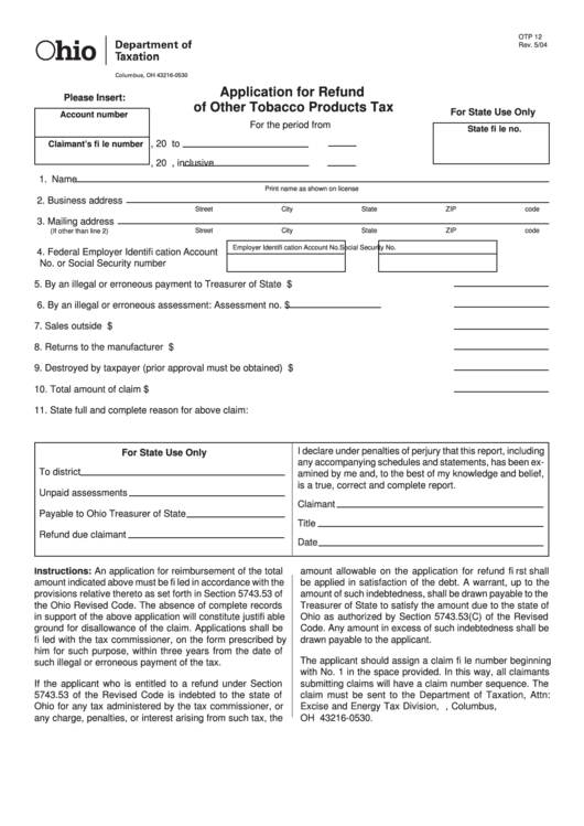 Fillable Form Otp 12 - Application For Refund Of Other Tobacco Products Tax Printable pdf