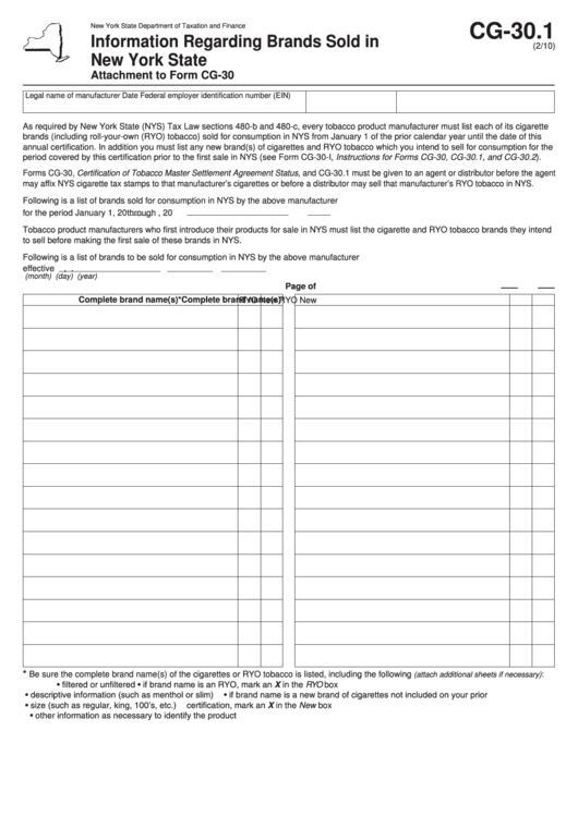 Form Cg-30.1 - Information Regarding Brands Sold In New York State Printable pdf