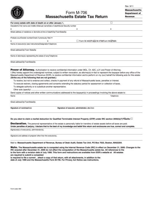 Fillable Form M-706 - Massachusetts Estate Tax Return Printable pdf
