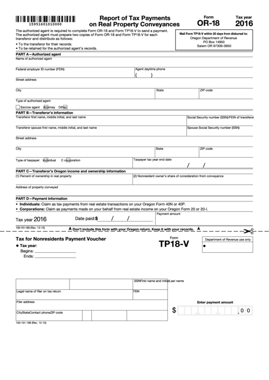 Fillable Form Or-18 - Report Of Tax Payments On Real Property Conveyances - 2016 Printable pdf