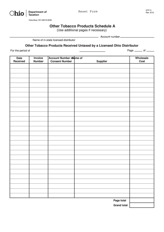 Fillable Schedule A (Form Otp 3) - Other Tobacco Products Printable pdf
