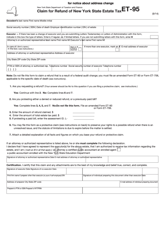 Form Et-95 - New York Claim For Refund Of New York State Estate Tax Printable pdf