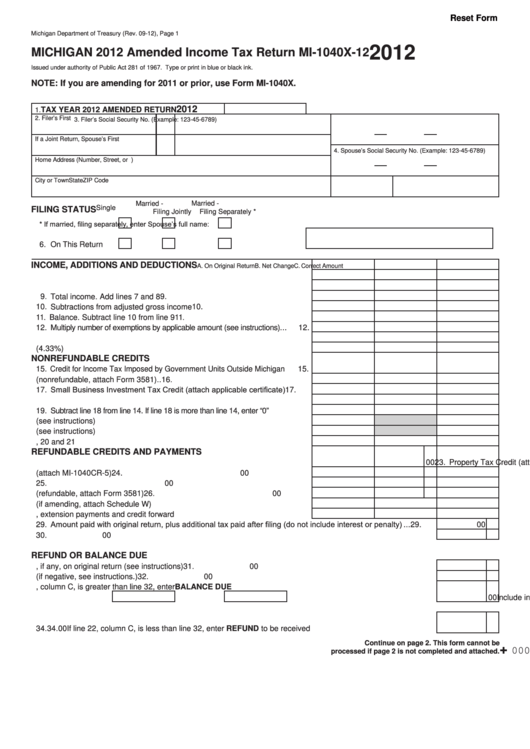 Fillable Form Mi-1040x-12 - Michigan Amended Income Tax Return - 2012 Printable pdf