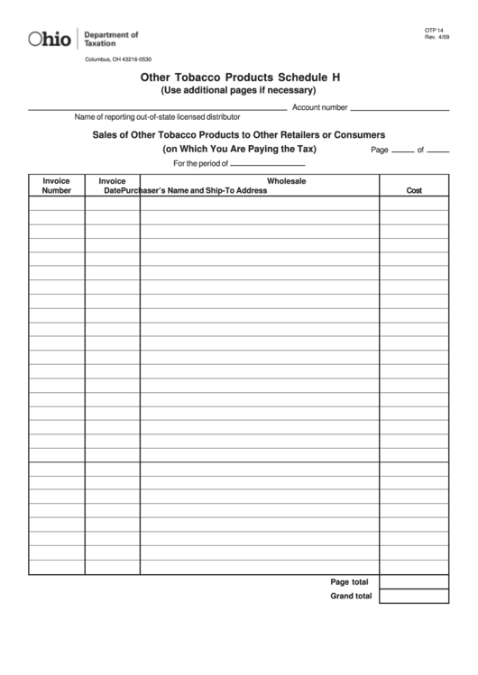 Fillable Schedule H (Form Otp 14) - Other Tobacco Products Printable pdf