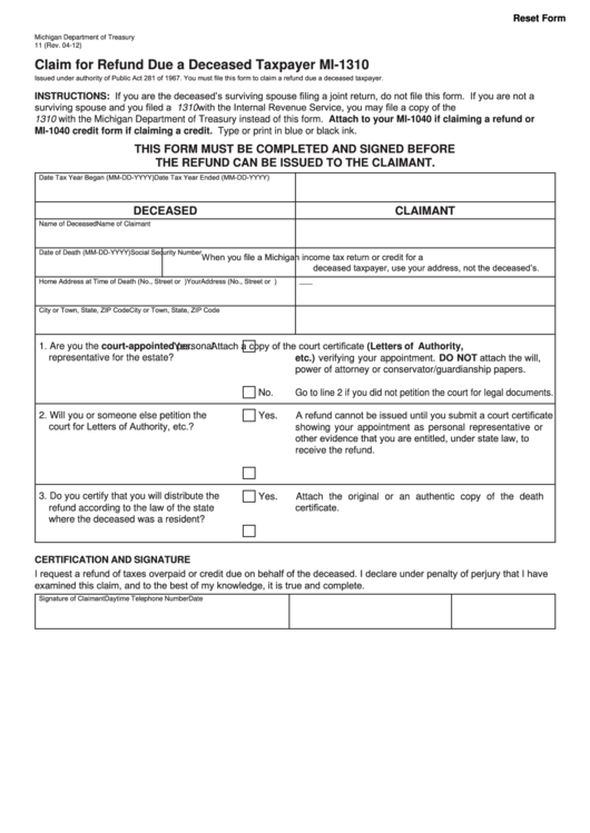Fillable Form Mi-1310 - Claim For Refund Due A Deceased Taxpayer Printable pdf