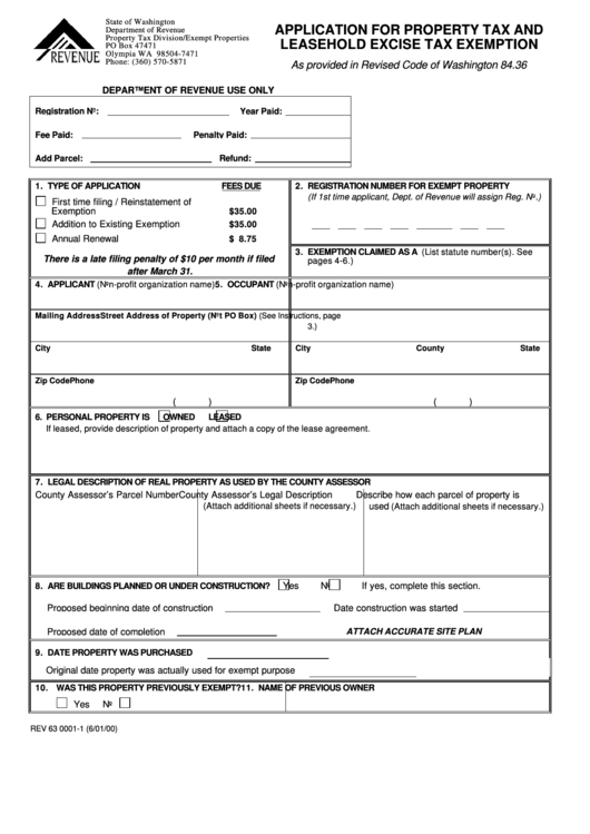 Application For Property Tax And Leasehold Excise Tax Exemption Form - Washington Department Of Revenue Printable pdf