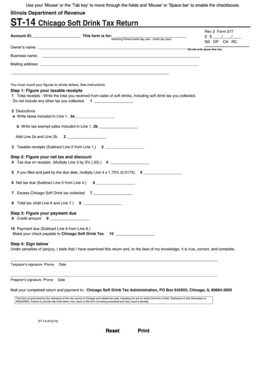 Fillable Form St-14 - Chicago Soft Drink Tax Return Printable pdf