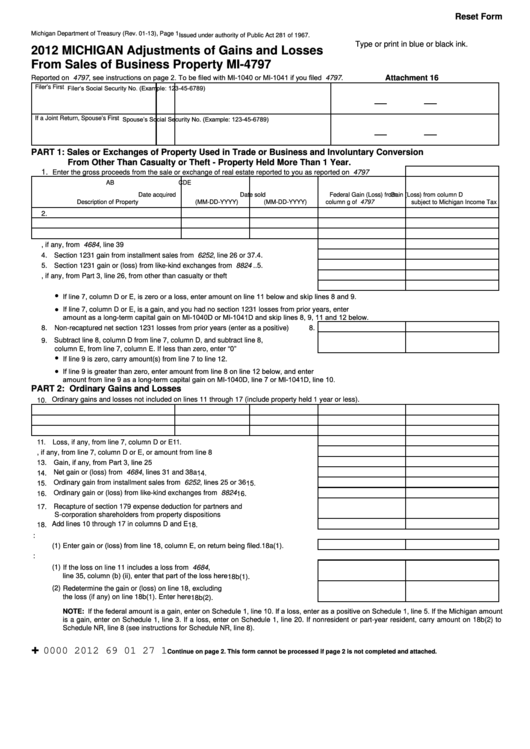 Fillable Form Mi-4797 - Michigan Adjustments Of Gains And Losses From Sales Of Business Property - 2012 Printable pdf