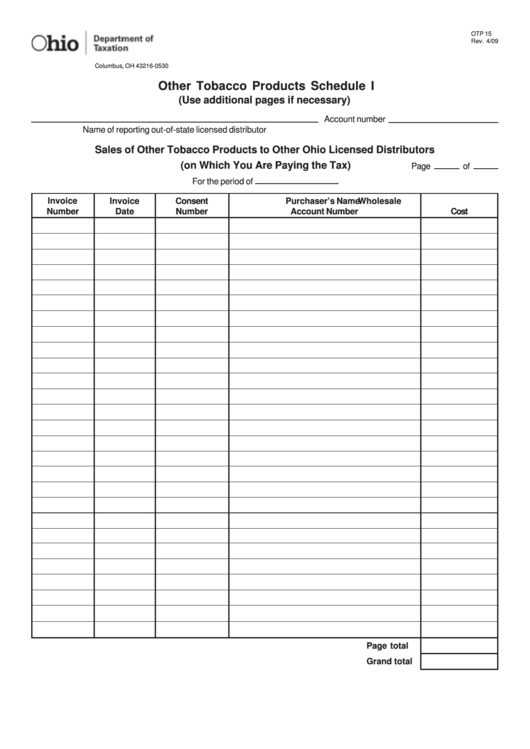 Fillable Schedule I (Form Otp 15) - Other Tobacco Products Printable pdf