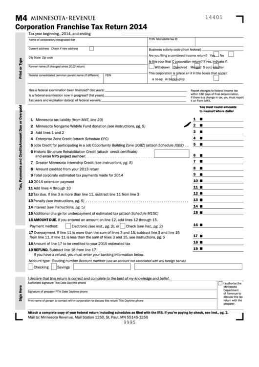 Fillable Form M4 - Minnesota Corporation Franchise Tax Return - 2014 Printable pdf