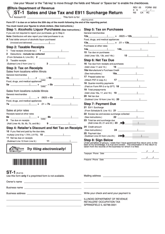 Fillable Form St-1 - Sales And Use Tax And E911 Surcharge Return Printable pdf