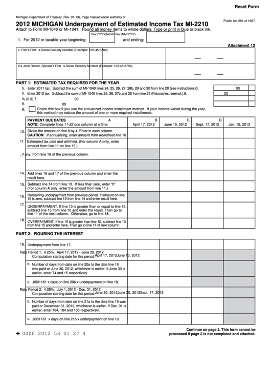 Fillable Form Mi-2210 - Michigan Underpayment Of Estimated Income Tax - 2012 Printable pdf