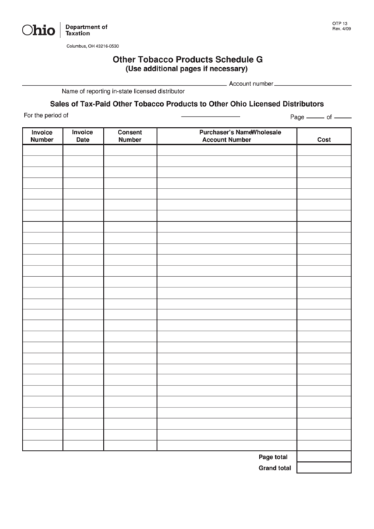 Fillable Schedule G (Form Otp 13) - Other Tobacco Products Printable pdf