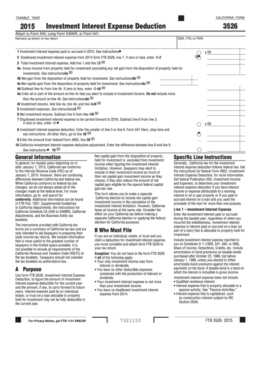 Fillable Form 3526 - California Investment Interest Expense Deduction - 2015 Printable pdf