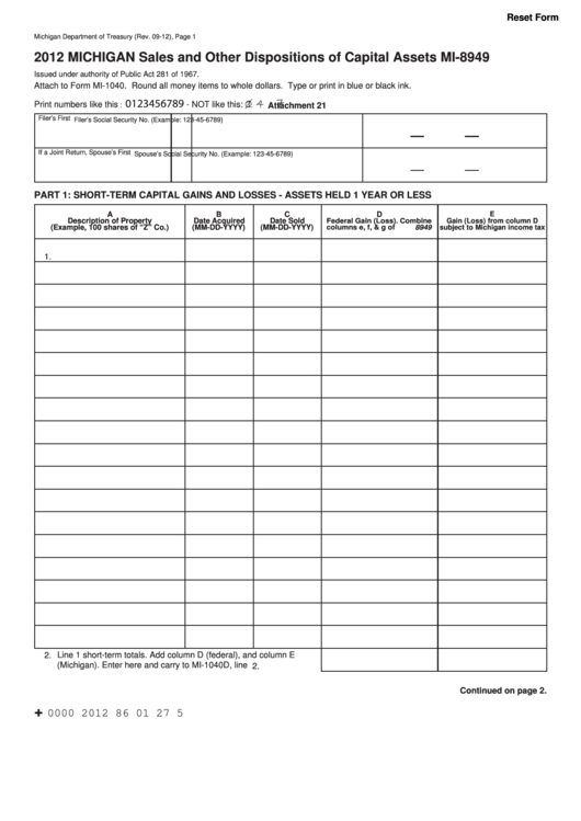 Fillable Form Mi-8949 - Michigan Sales And Other Dispositions Of Capital Assets - 2012 Printable pdf