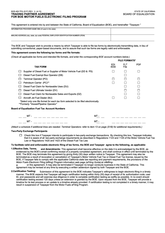 Fillable Form Boe-400-Tpa (S1f) - Trading Partner Agreement For Boe Motor Fuels Electronic Filing Program Printable pdf