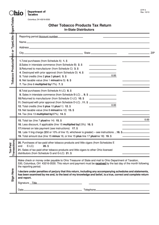 Fillable Form Otp 2 - Other Tobacco Products Tax Return Printable pdf