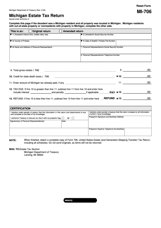 Fillable Form Mi-706 - Michigan Estate Tax Return Printable pdf
