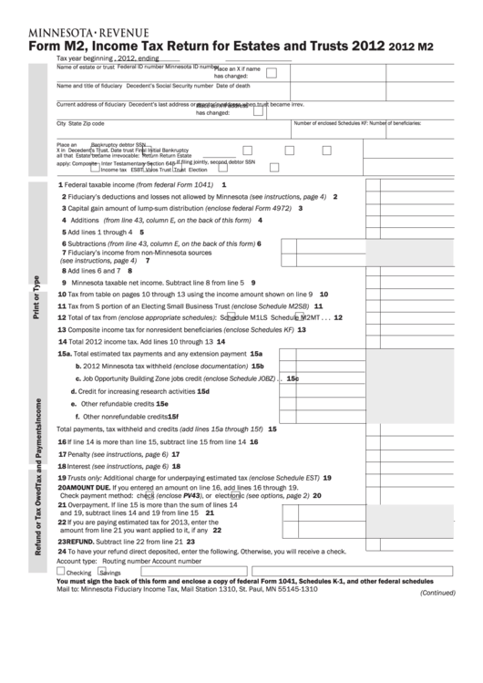 Fillable Form M2 - Income Tax Return For Estates And Trusts - 2012 Printable pdf