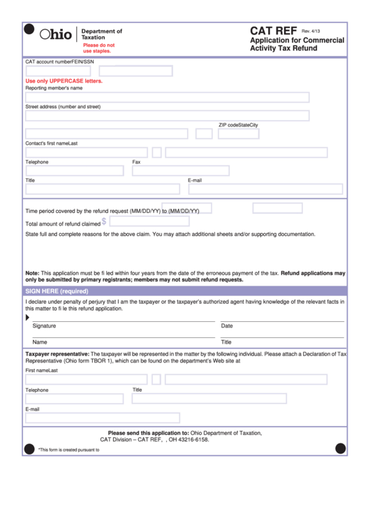 Fillable Form Cat Ref - Application For Commercial Activity Tax Refund Printable pdf