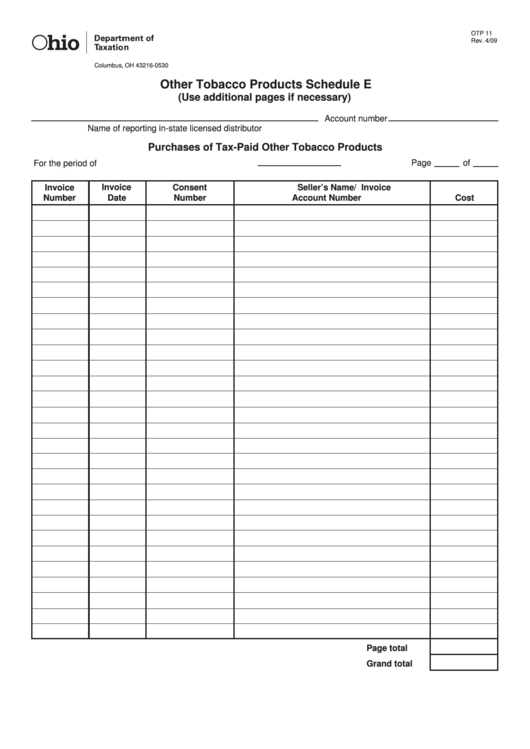 Fillable Schedule E (Form Otp 11) - Other Tobacco Products Printable pdf