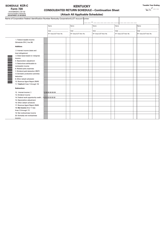 Form 720 - Kentucky Consolidated Return Schedule - Continuation Sheet - 2012 Printable pdf