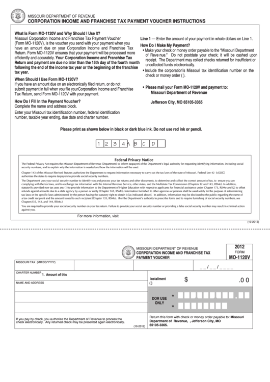 Fillable Form Mo-1120v - Corporation Income And Franchise Tax Payment Voucher - 2012 Printable pdf