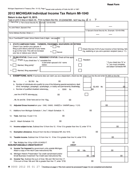 Fillable Form Mi-1040 - Michigan Individual Income Tax Return - 2012 Printable pdf
