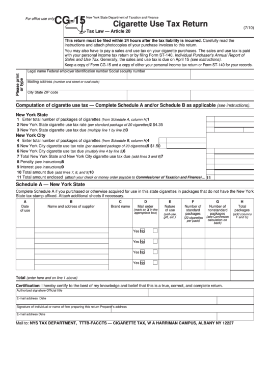 Form Cg-15 - Cigarette Use Tax Return Printable pdf