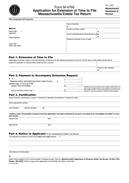 Form M-4768 - Application For Extension Of Time To File Massachusetts Estate Tax Return Printable pdf