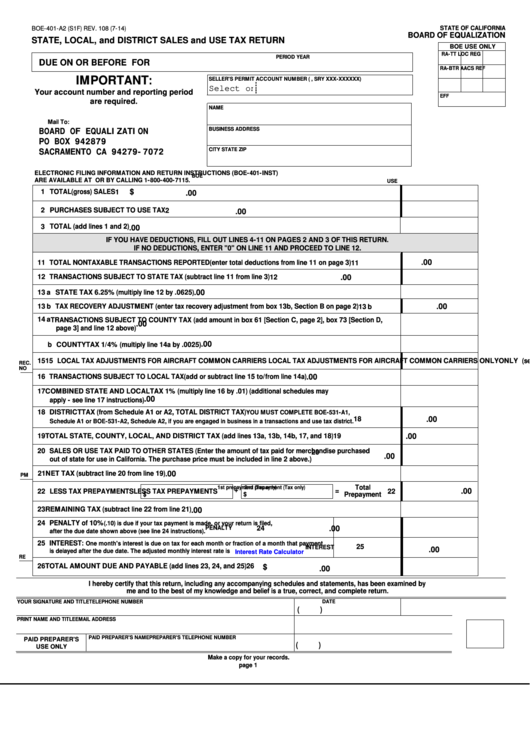 Fillable Form Boe-401-A2 (S1f) - State, Local, And District Sales And Use Tax Return Printable pdf