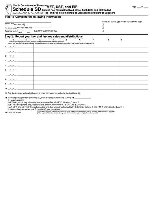 Schedule Sd (Form Rmft-32-Sf) - Mft, Ust, And Eif Special Fuel (Excluding Dyed Diesel Fuel) Sold And Distributed Tax- And Fee-Free In Illinois To Licensed Distributors Or Suppliers Printable pdf