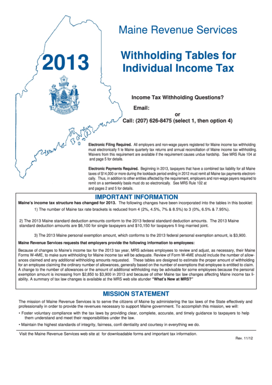 Withholding Tables For Individual Income Tax - Maine Revenue Services - 2013 Printable pdf