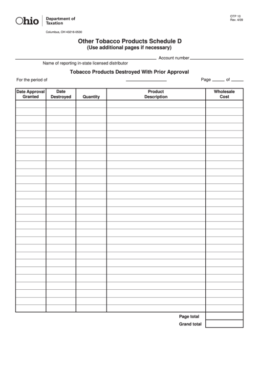 Fillable Schedule D (Form Otp 10) - Other Tobacco Products Printable pdf