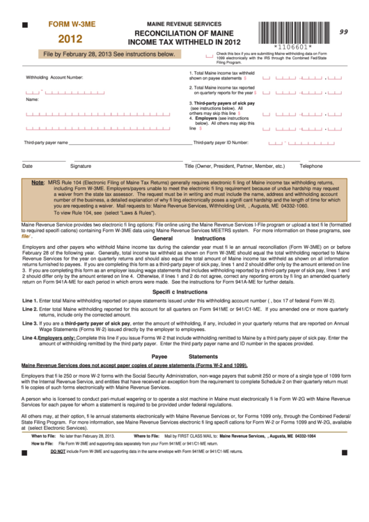 Fillable Form W-3me - Reconciliation Of Maine Income Tax Withheld In 2012 Printable pdf
