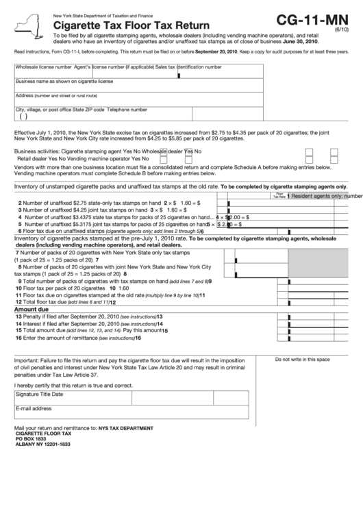 Form Cg-11-Mn - Cigarette Tax Floor Tax Return Printable pdf