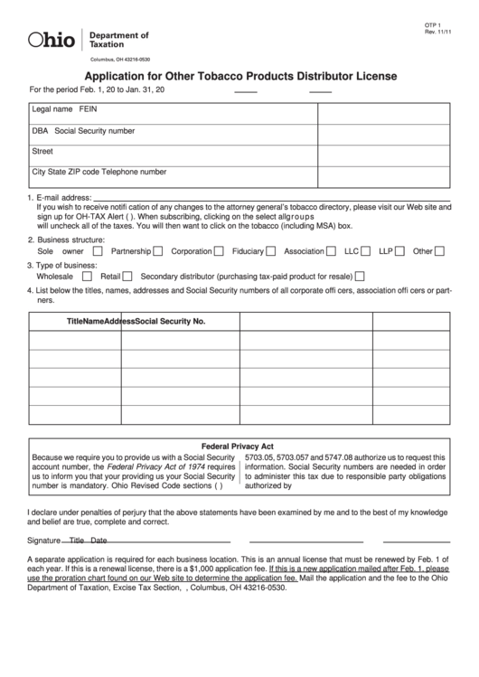 Fillable Form Otp 1 - Application For Other Tobacco Products Distributor License Printable pdf