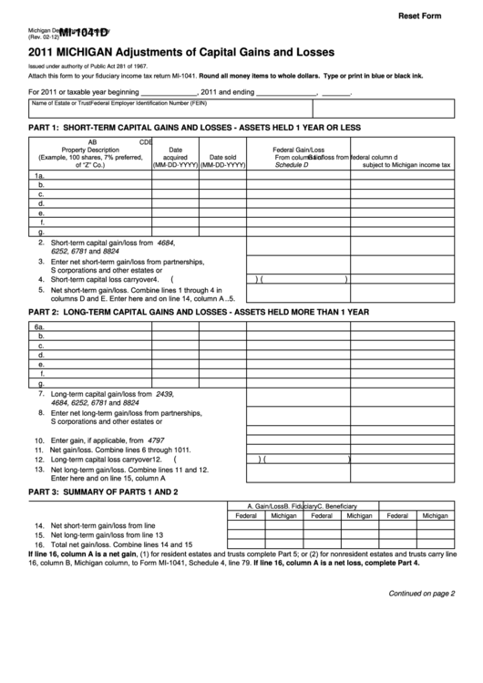 Fillable Form Mi-1041d - Michigan Adjustments Of Capital Gains And Losses - 2011 Printable pdf