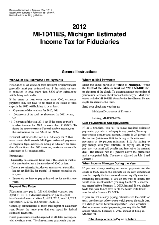 Fillable Form Mi-1041es - Michigan Estimated Income Tax For Fiduciaries - 2012 Printable pdf