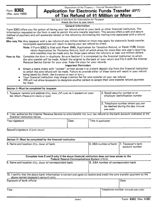 Form 8302 - Application For Electronic Funds Transfer (Eft) Of Tax Refund Of 1 Million Or More Printable pdf