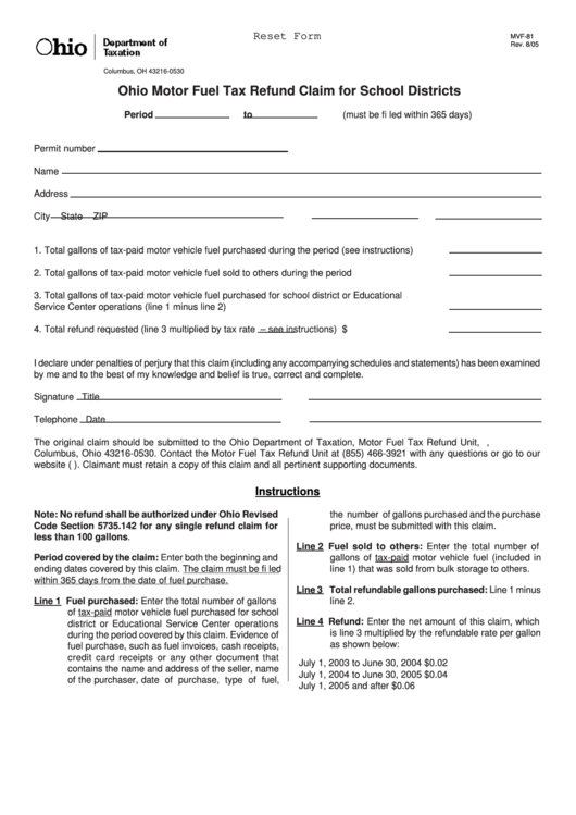 Fillable Form Mvf-81 - Ohio Motor Fuel Tax Refund Claim For School Districts Printable pdf