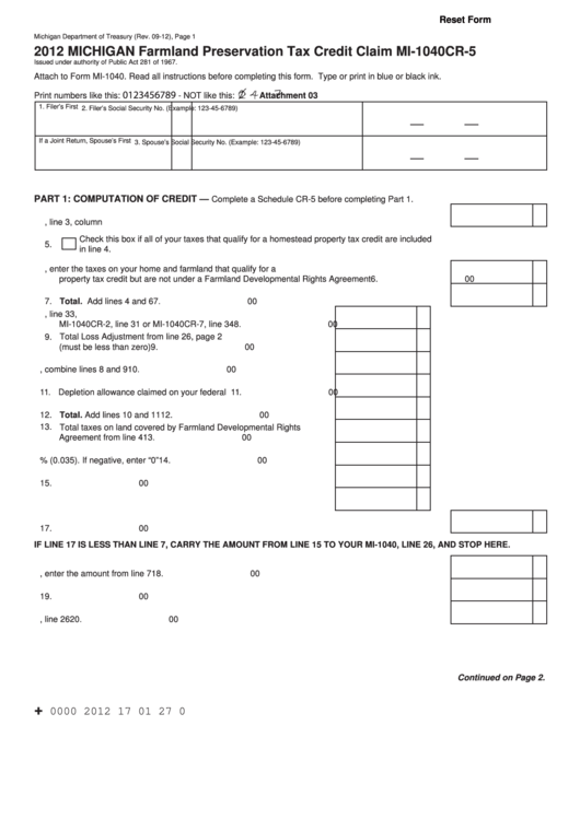Fillable Form Mi-1040cr-5 - Michigan Farmland Preservation Tax Credit Claim - 2012 Printable pdf