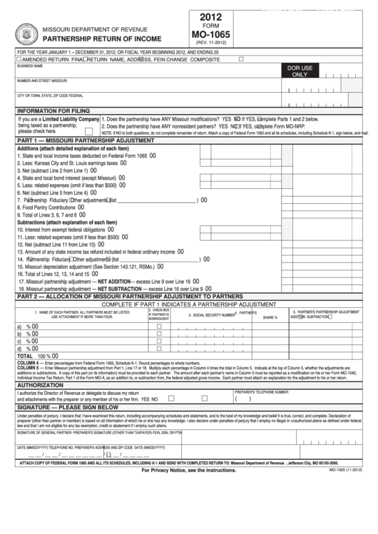 Fillable Form Mo-1065 - Partnership Return Of Income - 2012 Printable pdf